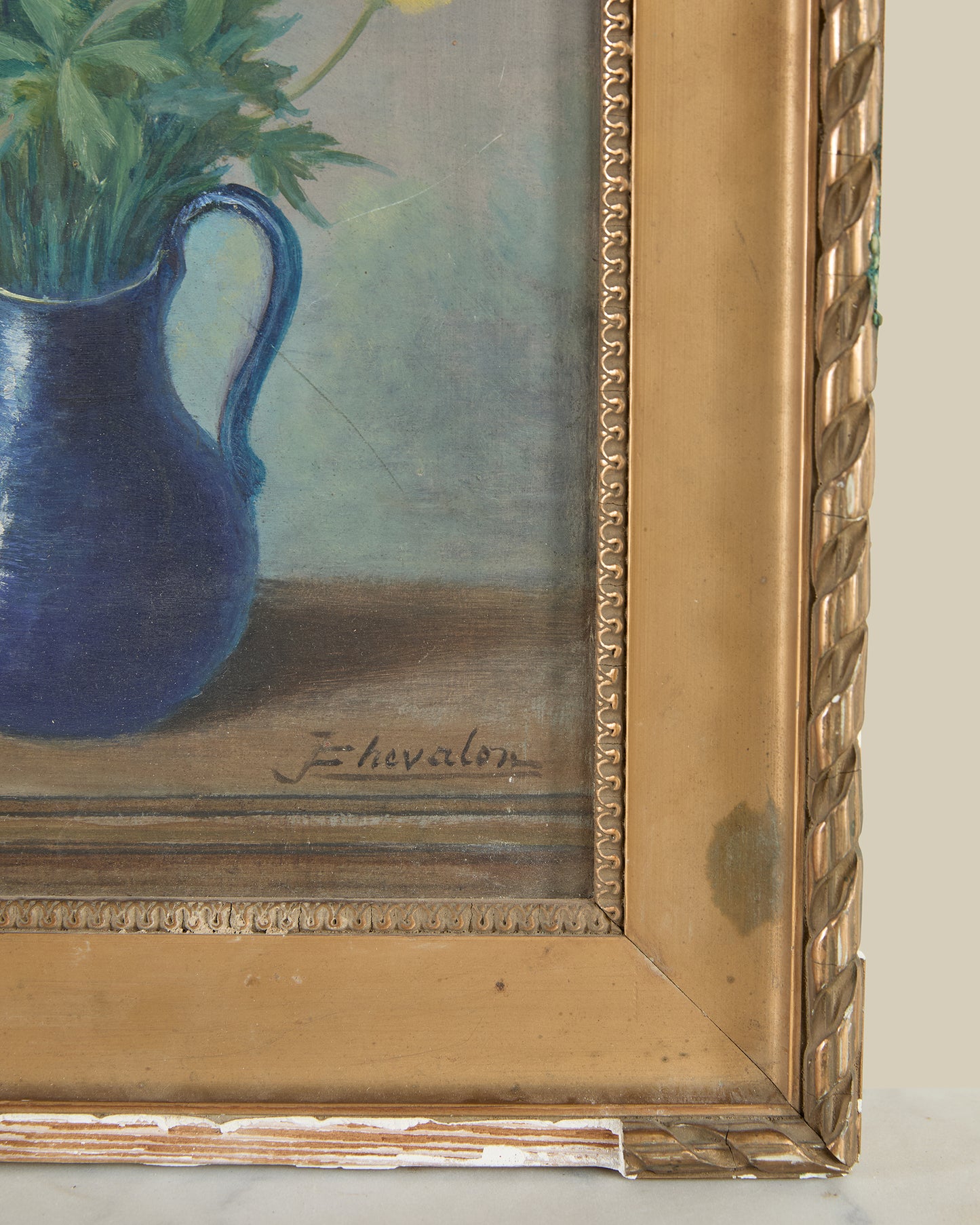 Yellow flowers blue vase still life signed