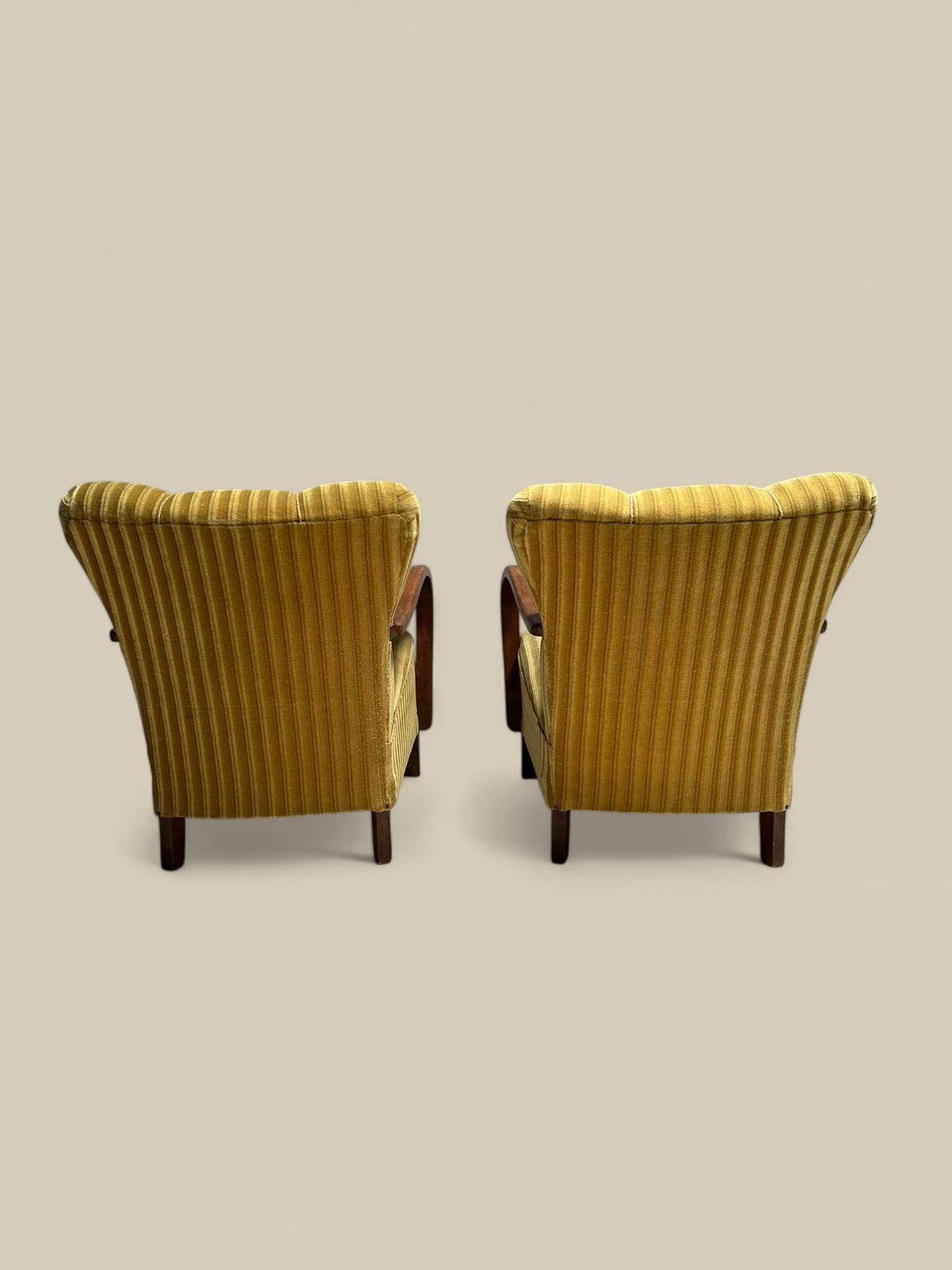 Pair of Fritz Hansen striped mohair lounge chairs