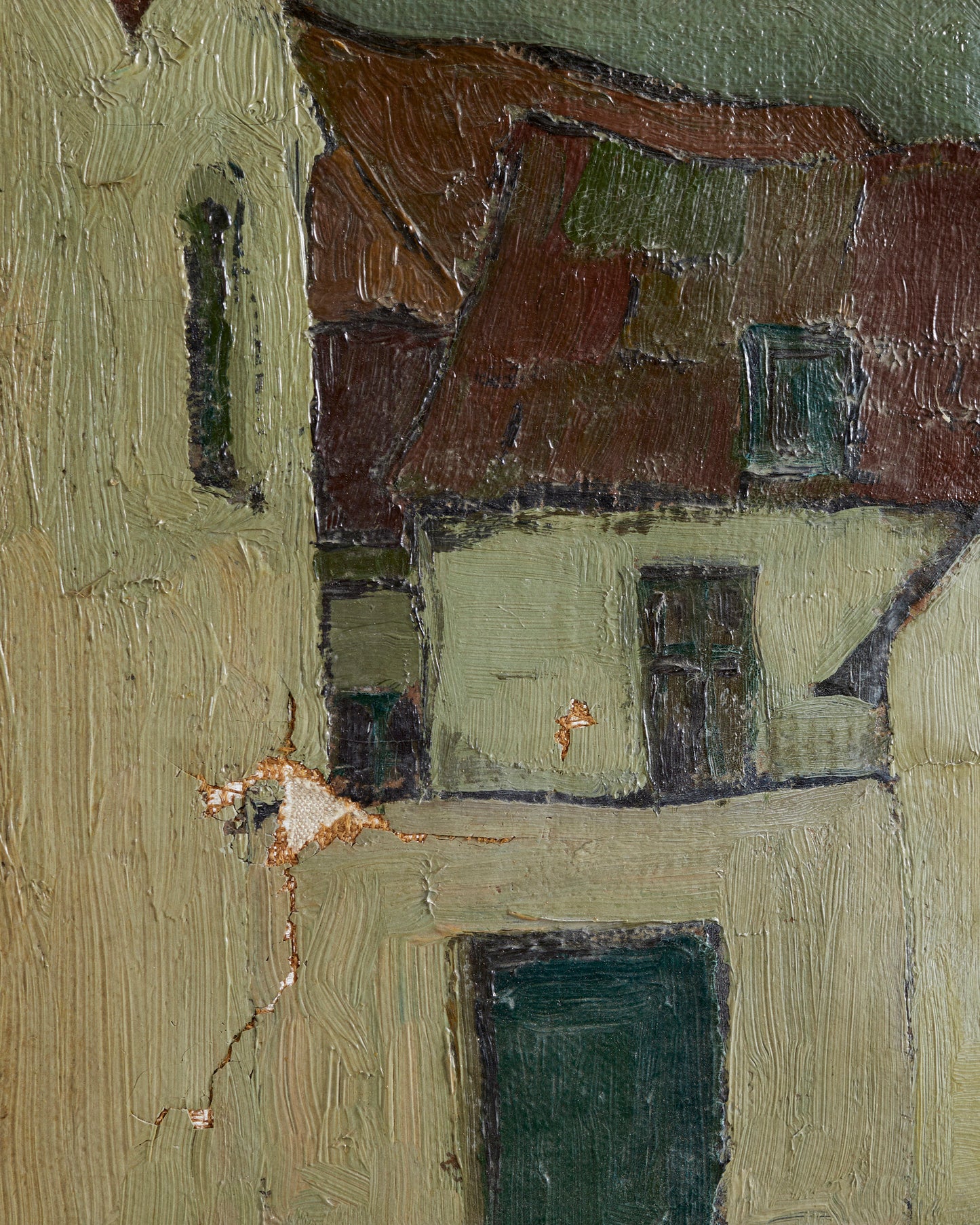 Village w/ green door oil painting (signed)