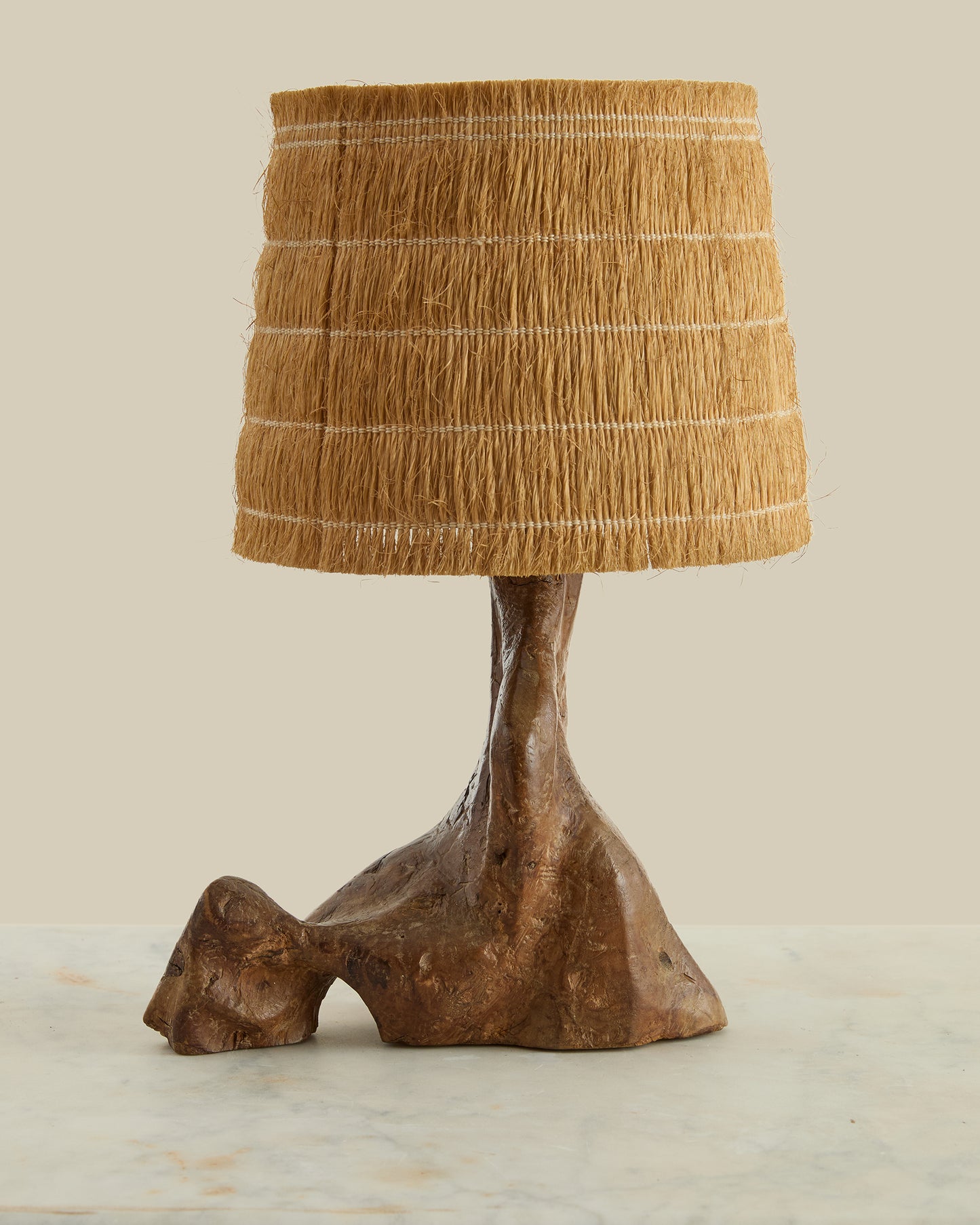 Natural edge wood lamp w/ straw shade