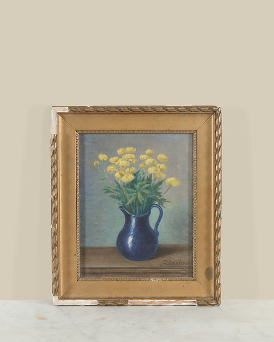 Yellow flowers blue vase still life signed