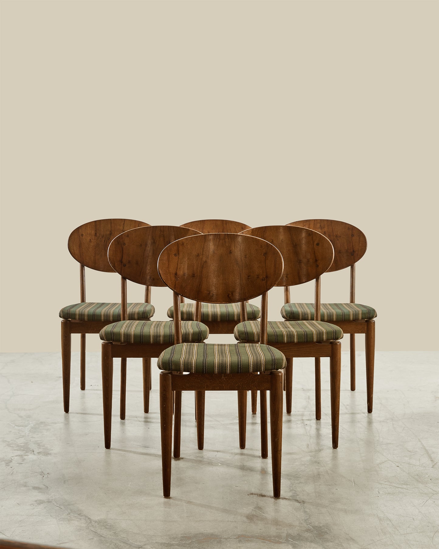 Set of 6 Danish walnut + wool dining chairs