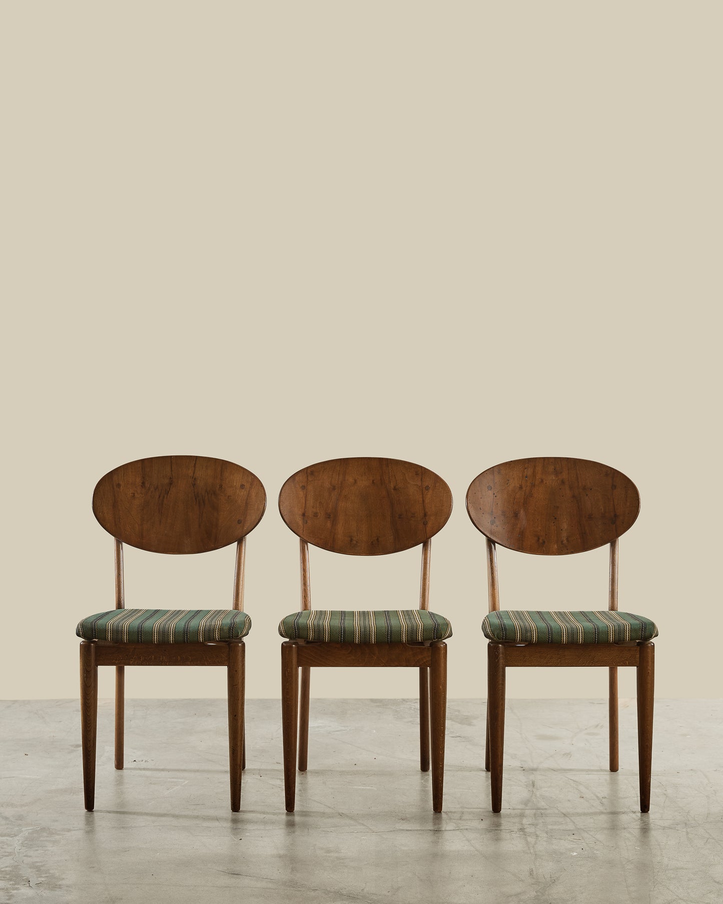Set of 6 Danish walnut + wool dining chairs