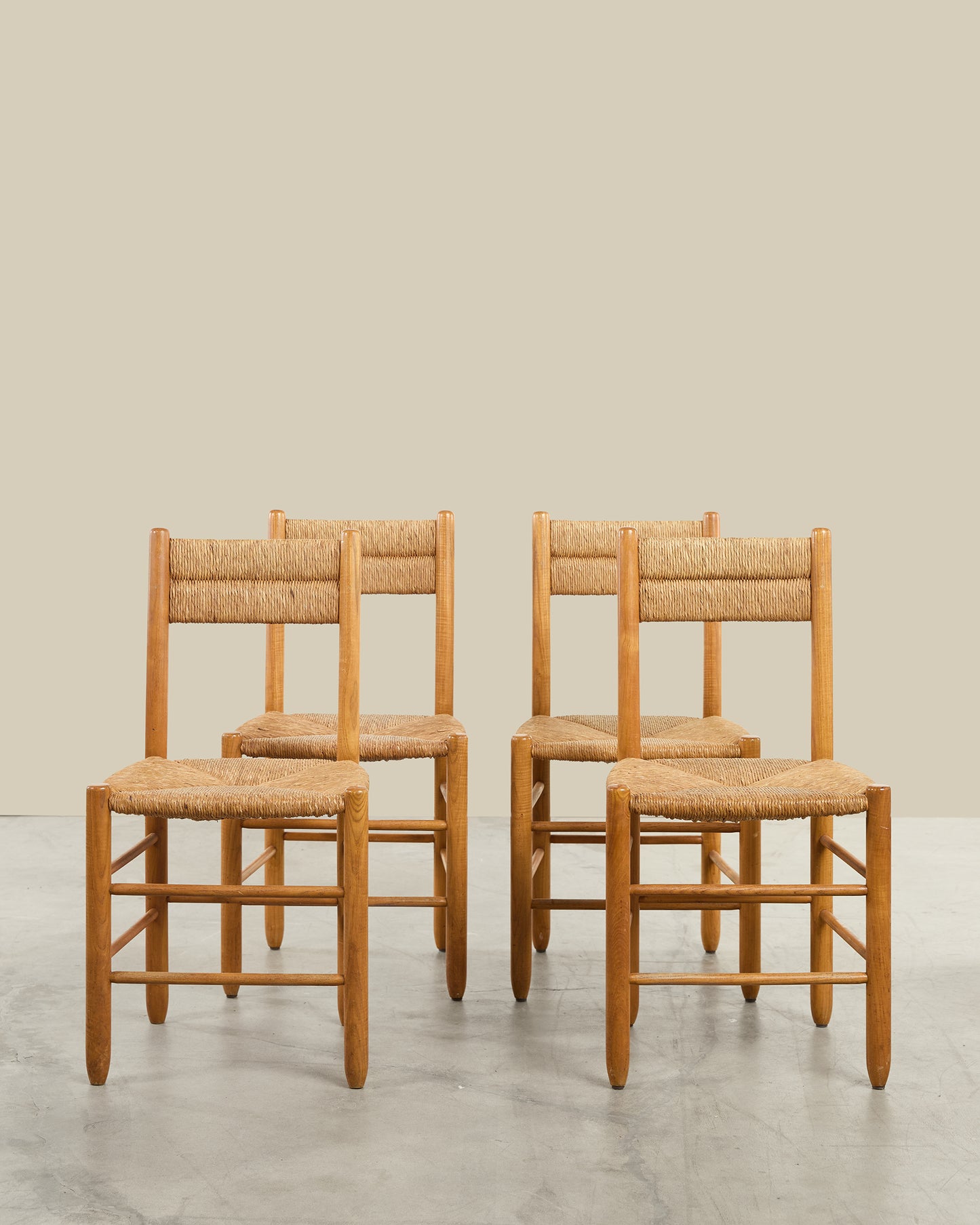 Set of 4 oak and rush dining chairs