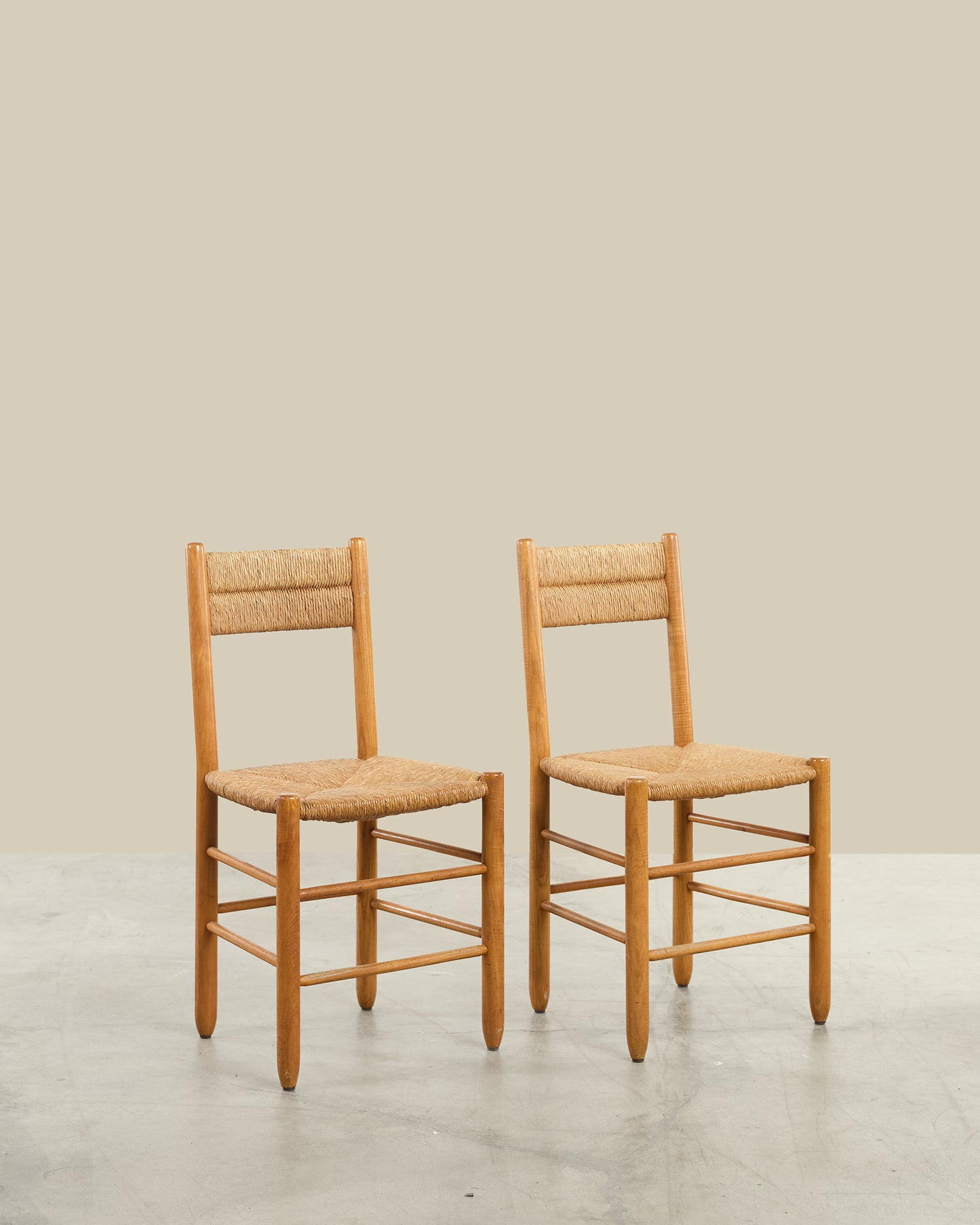 Set of 4 oak and rush dining chairs