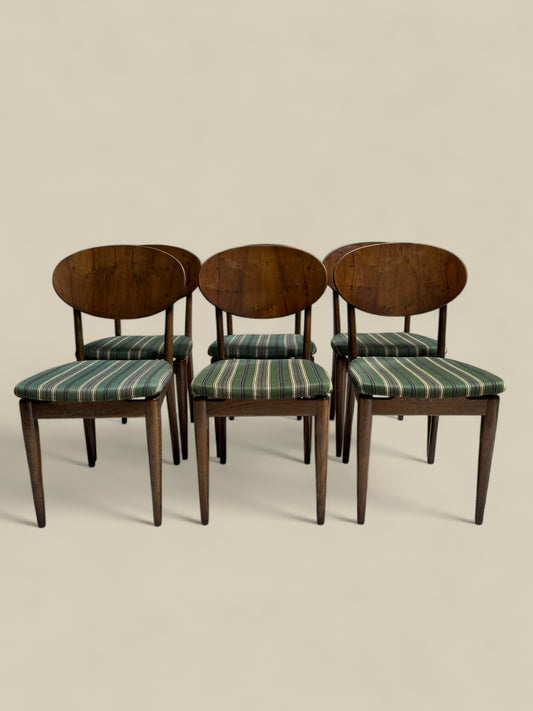 Set of 6 Danish walnut + wool dining chairs
