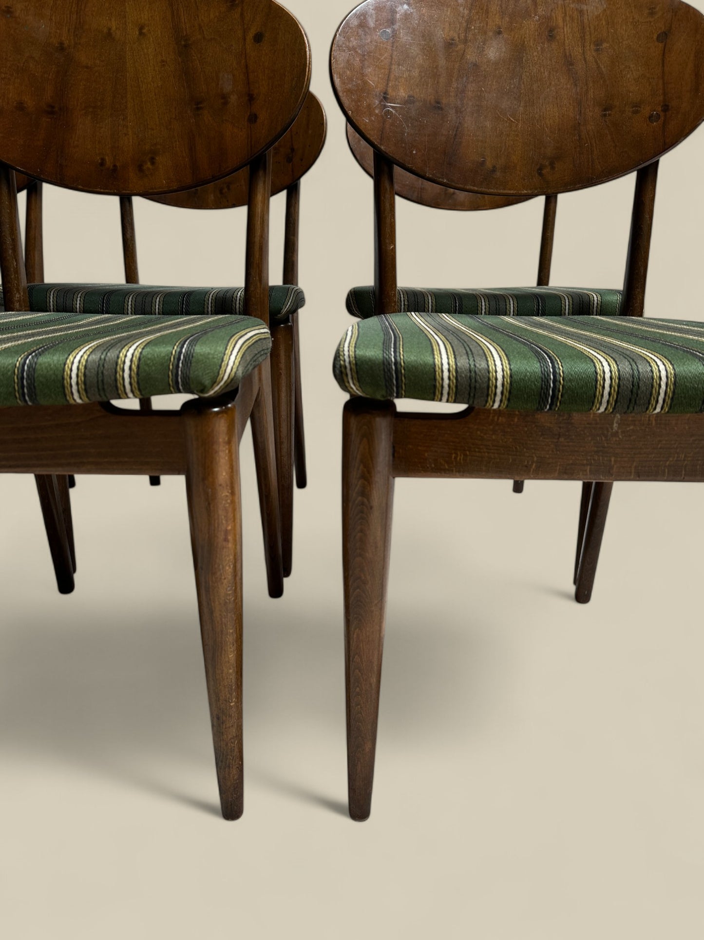 Set of 6 Danish walnut + wool dining chairs