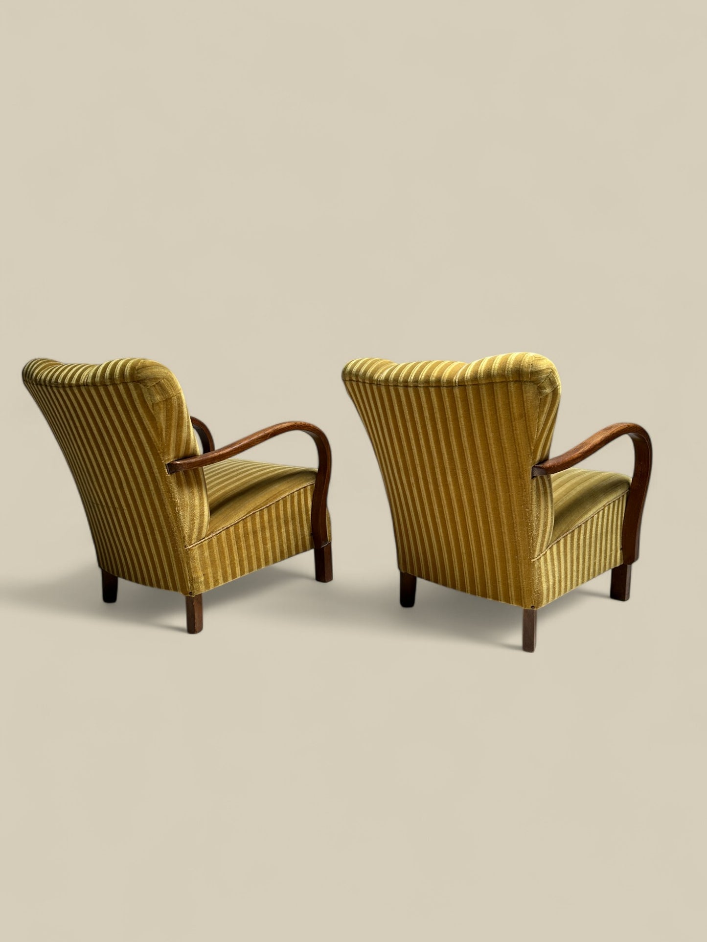 Pair of Fritz Hansen striped mohair lounge chairs